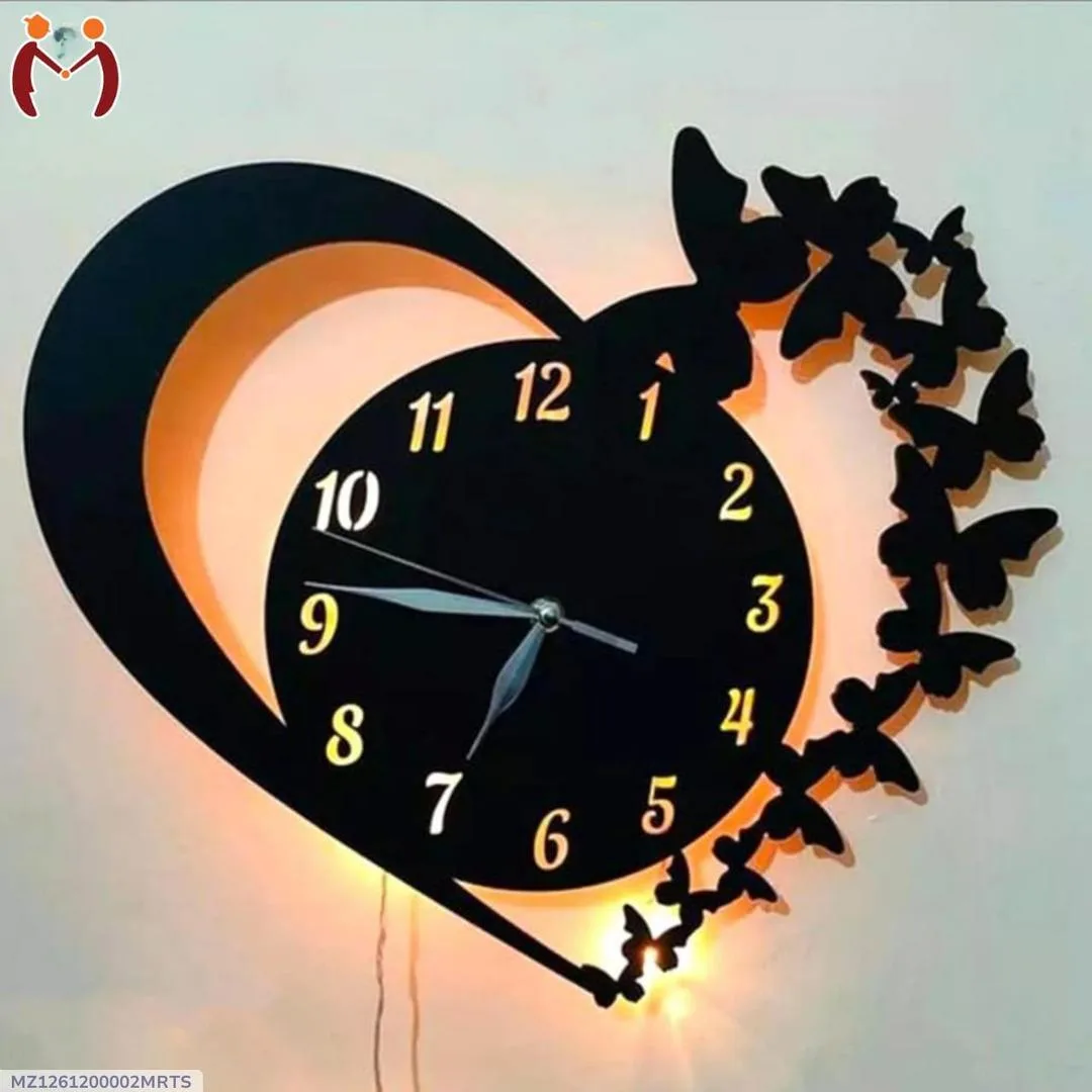 Wooden Analogue Wall Clocks Heart & Butterfly Backlit Design
