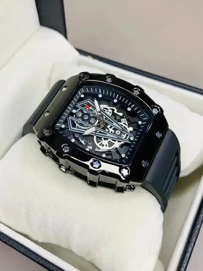 Men's Richard Black Belt Skeleton Dial Tonneau Casing Rubber Strap Wristwatch