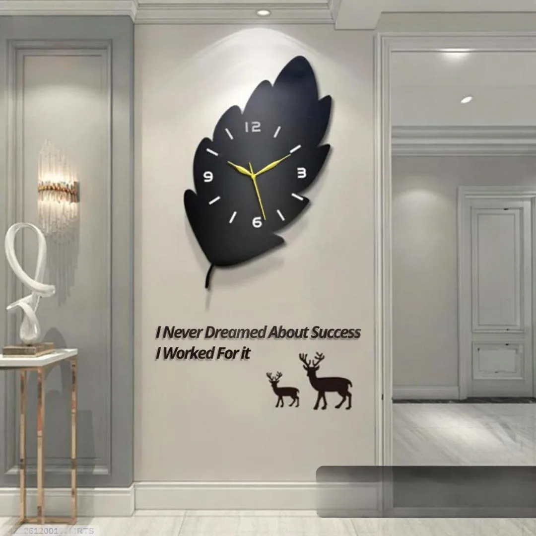 3D Leaf Wooden Wall Clock Black with Golden Hands Modern Home Decor