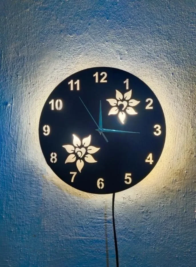 Flower Wooden Wall Clock with LED Light Black Gold 12-Inch Modern Decor