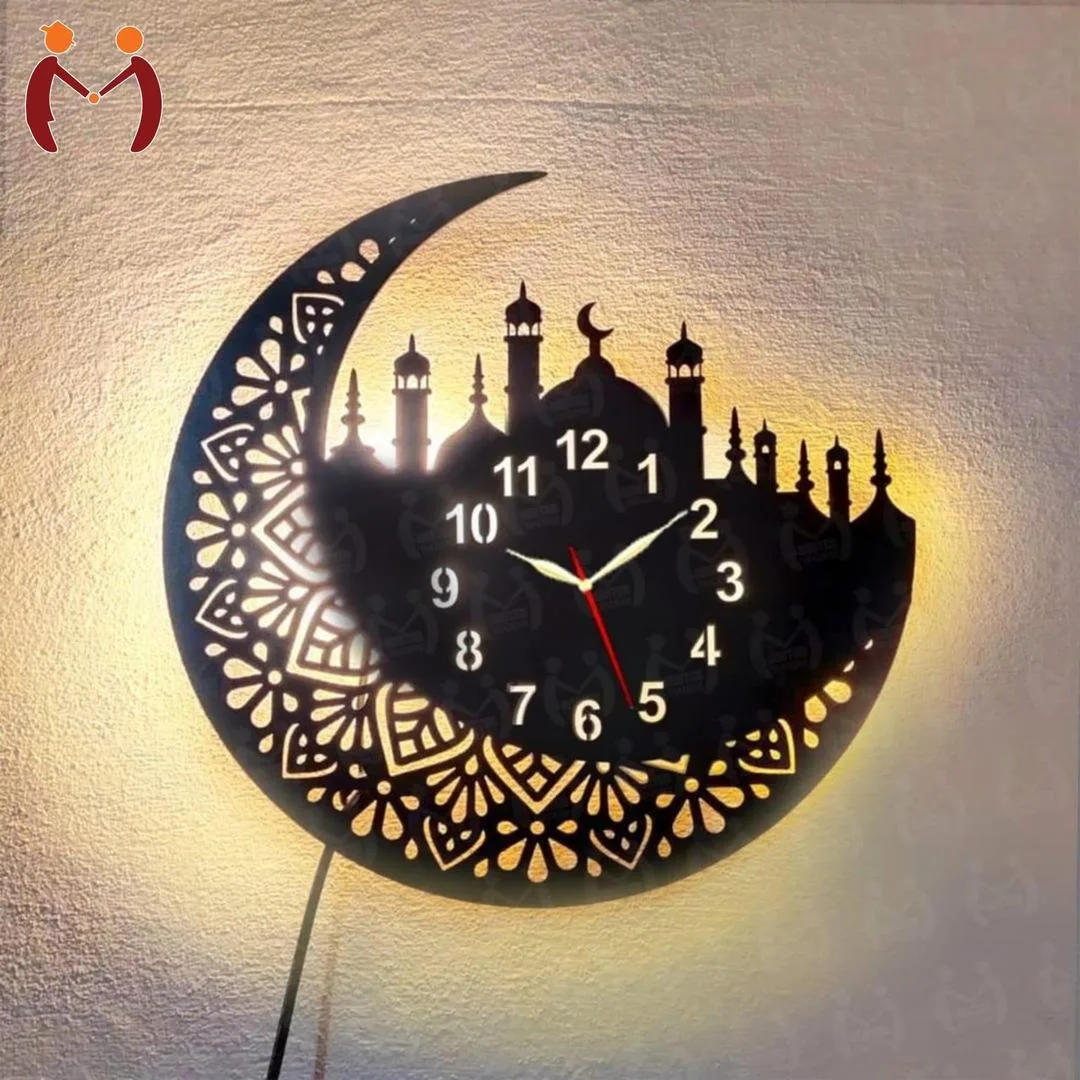 Islamic Wooden Wall Clock with Crescent Moon & Mosque LED Design